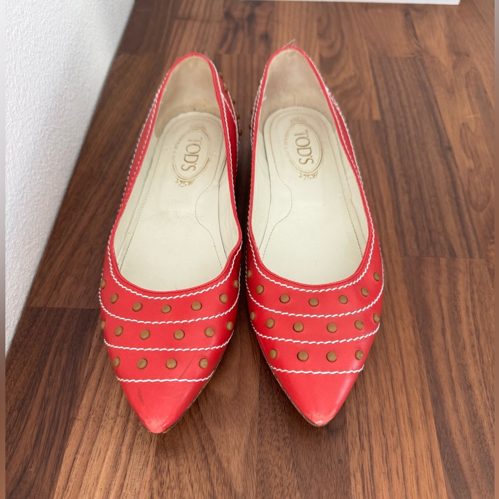 Tods Studded Pointed Toe Flats - Red Leather - Size 9
